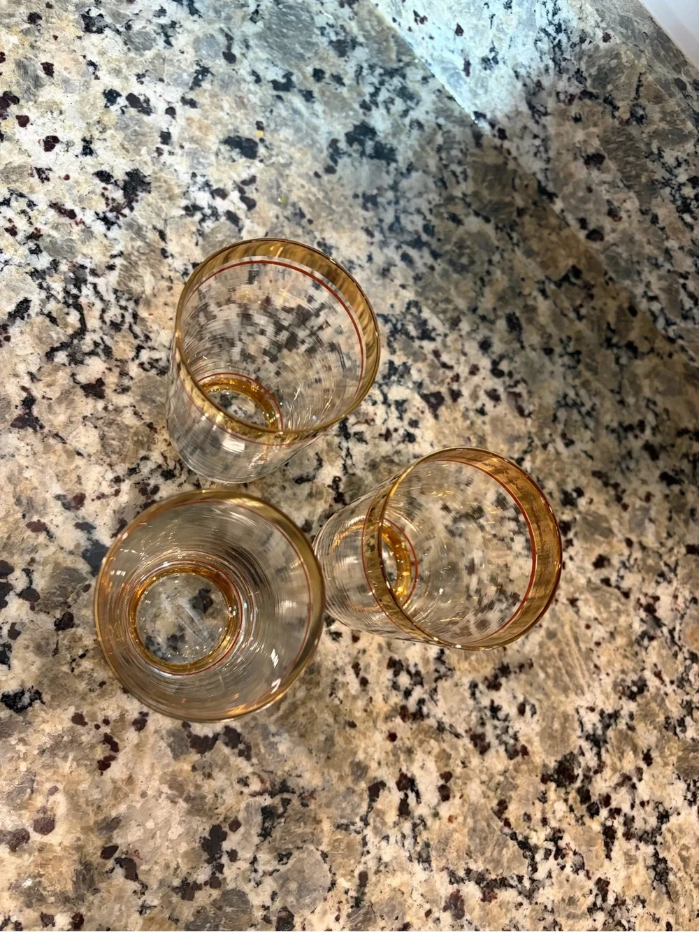 Vintage Mid-Century Modern clear glass highball tumblers gold accents